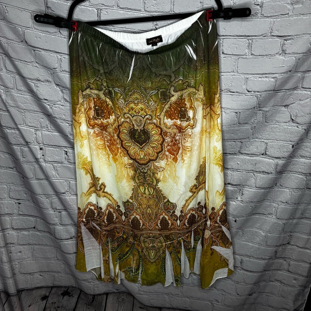 Cal Style Gold Green Ruffle Bandana Maxi Skirt 2XL Elastic Waist Boho Hippie GUC